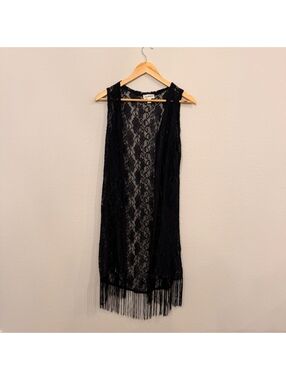 Black Lace Fringe Duster Vest Boho Goth M